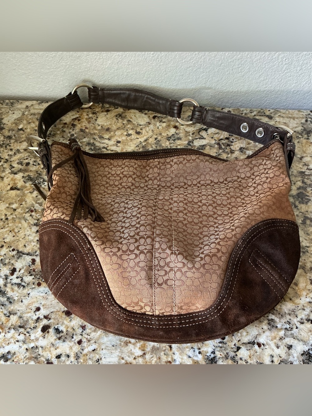 SOLD-Coach Vintage Signature Brown Suede Hobo Shoulder Bag - Picture 2 of 9